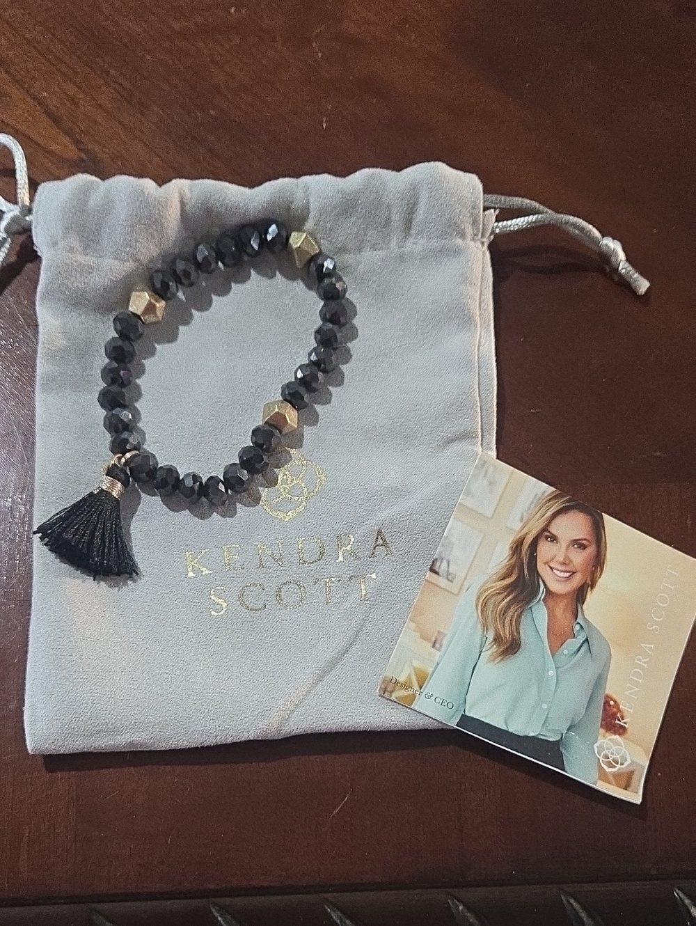 Kendra Scott Black Faceted Bead Bracelet with Gold Accents and Tassel